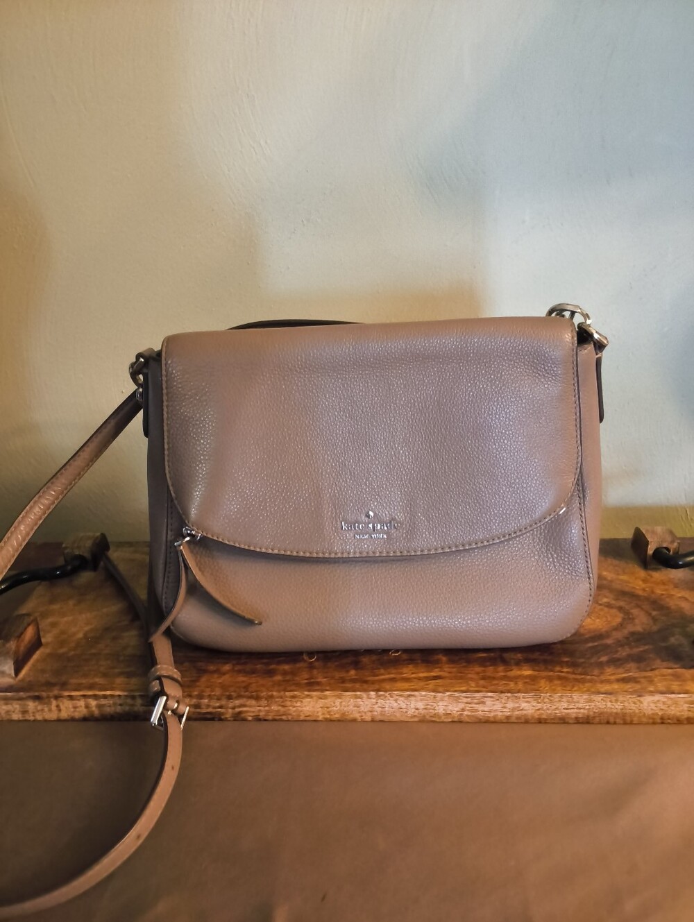 Kate Spade New York Taupe Pebbled Leather Crossbody Zipper Flap, Snap Close